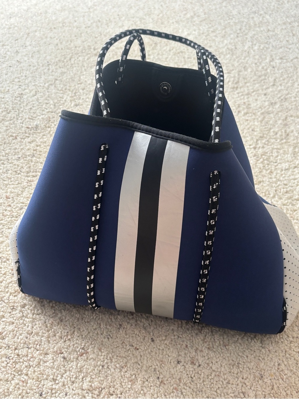 Neoprene bag w pouch navy blue stripe travel work beach great